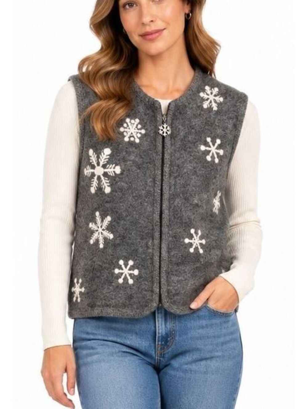 Cabelas Gray Wool Snowflake Sweater Vest Embroidered Full Zip Ski Lodge Womens L